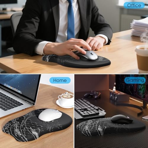 MROCO Ergonomic Mouse Pad with Wrist Support, 11.8 x 7.8 in, Black Kanagawa