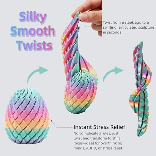 3D Printed Fidget Toy, Twisty Dragon Eggs, Spiral Slippery Egg Fidget Toy, Stress Relief Sensory Desk Toy for Adults and ADHD, Rotating Focus Anxiety Relief Pocket Toy (Rainbow)