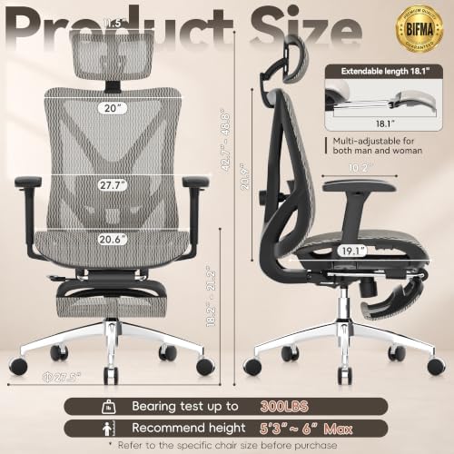 GABRYLLY Ergonomic Office Chair with Adjustable Lumbar Support, 3D Armrests & Headrest, 135° Reclining Chair with Footrest & Large Steel Base,300LBS Swivel Desk Chair(GYMN01-AM)