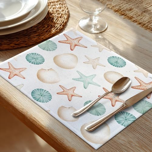 Shrahala Sea Creatures Set of 8 12 X 18 Inch Linen Placemats, Seaside Pattern Burlap Table Mat Washable Double Layered Heat Insulation for Indoor/Outdoor