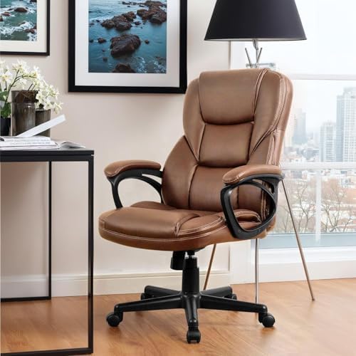 Furmax Office Executive Chair High Back Adjustable Managerial Home Desk Chair, Swivel Computer PU Leather Chair with Lumbar Support (2, Light Brown)