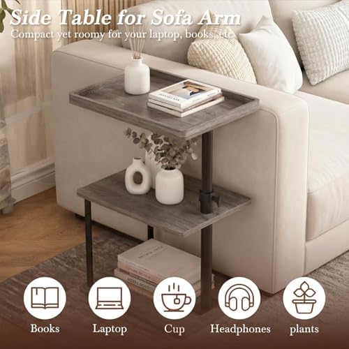 Faesun C Table End Table Adjustable Height, 360°Swivel TV Tray Table for Small Spaces, Small Nightstand for Living Room, Bedroom, Gray