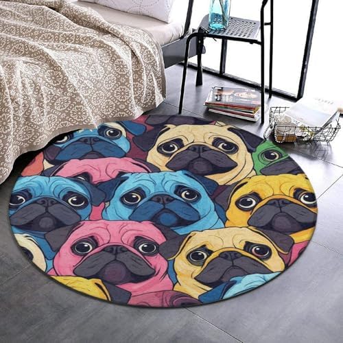 Fashion Round Area Rug Large Non Slip Carpet, Colorful Pug Dogs Funny Puppy Unisex Home Decor Mat