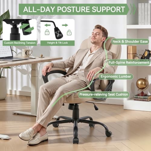 Ergonomic Office Chair with High Back, Comfy Desk Chair, Adjustable Executive Office Chair for Home Office, Big and Tall Computer Chair Heavy Duty, 360° Swivel, Faux Leather White