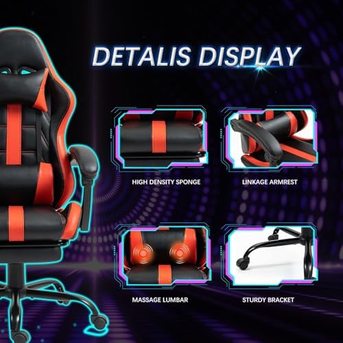 Gaming Chair with Ergonomic Footrest & Massage Lumbar Support, Red