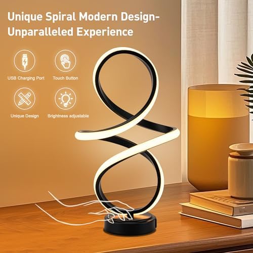 Modern Small Table Lamp with LED Spiral Design, 12W Black Nightstand Lamp