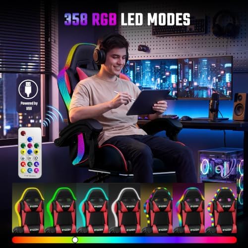 Bigzzia RGB Gaming Chair with Footrest, Lumbar Massage for Adult/Kid（Red）