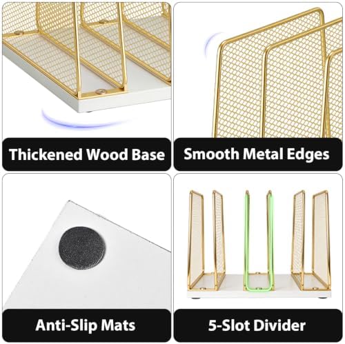 LEKETREE Gold Desk File Organizer, 5-Section Upright File Sorter, Vertical File Folder Holder, Mesh Metal Wood Office Desk Organizer for Document, Magazine, Books and more (White and Gold)