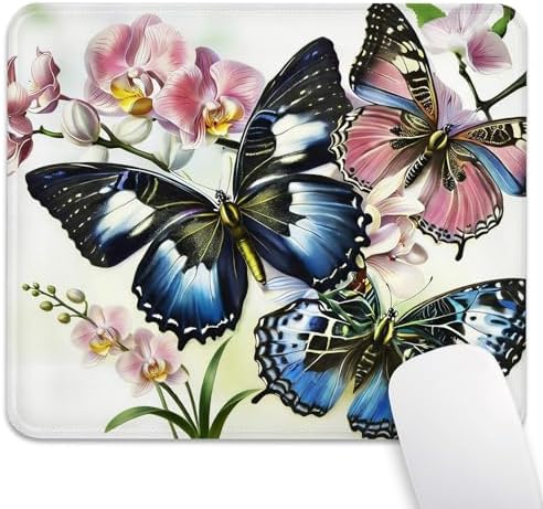 Exotic Blue Butterflies Pink Orchids Floral Mouse Pad, Tropical Desk Mat
