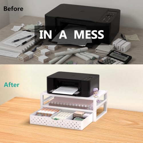 WALI Desk Organizer with Drawer，Computer Monitor Stand with Storage, Desk Organizers and Accessories for Computer, Printer, Laptop Riser for Home Office Supplies, (PTT005-W), 1 Pack, White