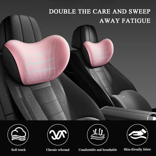 2 PCS Car Headrest Cushion, Ergonomic Memory Foam Car Neck Back Support w/Removable Cover, Universal Breathable Lumbar Cushion Headrest Pillow with Adjusatble Strap (Pink)