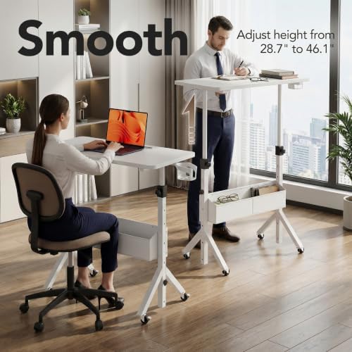 HUANUO Mobile Standing Desk with Wheels and Storage Basket, Height Adjustable 28.7"-46.1" Rolling Desk for Walking Pad, Small Space Laptop Computer Workstation for Home Office,White
