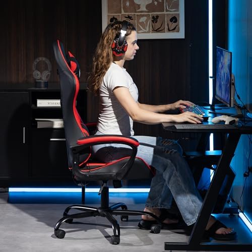 Ergonomic Massage Gaming Chair for Kids Adults, Comfy PU Leather Office Desk Chair with Adjustable Headrest Lumbar Support 360° Swivel, Red