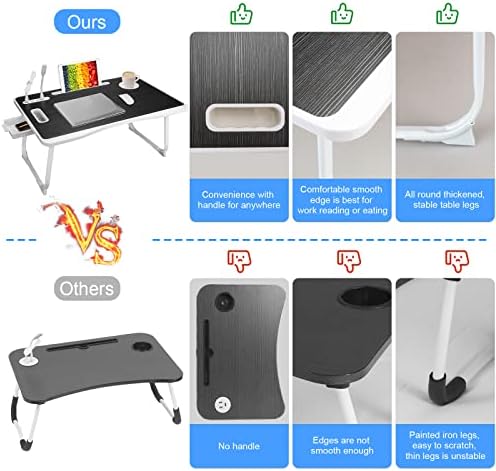 Laptop Bed Table, Laptop Desk for Bed, Foldable Laptop Bed Desk with USB Charge Port, Handle, Desktop Card Slot, Cup Slot, Side Drawer, Portable Laptop Table for Bed Eating Reading Working