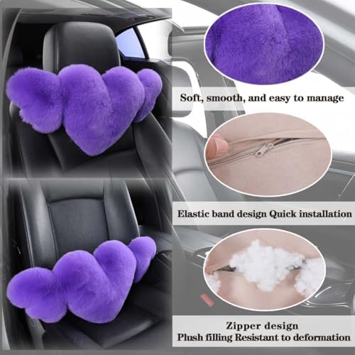 2 Pack Heart Shaped Plush Car Neck Pillows, Soft Car Headrest Cushion for Driving Travel Office Chair, Cute Cars Interior Decor Accessories for Women Girls(Violet)