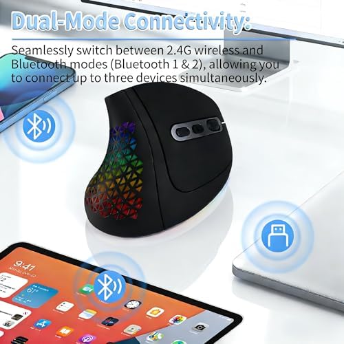 Bluetooth Wireless Dual-Mode Vertical Mouse - Silent Click, Ergonomic Comfort for Office & Home Use, Rechargeable with LED Breathing Light, Compatible with Multiple Devices (Black)