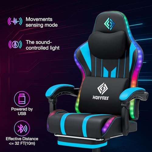 HOFFREE RGB Gaming Chair with Speakers Music Rhythm Lights Game Chair-Blue