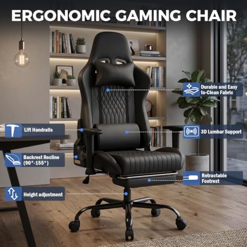LUCKRACER Gaming Chair with Footrest, 90°-155° Reclining Ergonomic Computer Chair with 3D Armrests, Headrest and Lumbar Pillow, 360° Swivel, SGS-Tested Gas Lift, 330 lbs Capacity, Black