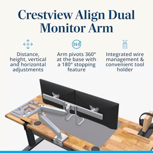 UPLIFT DESK Crestview Align Dual Monitor Arm - Gas Spring Monitor Mount with Adjustment Handle Fits 13-32” Inch Displays, VESA Compatible, Clamp or Grommet Mounting, Fits Standing Desks (Gray)
