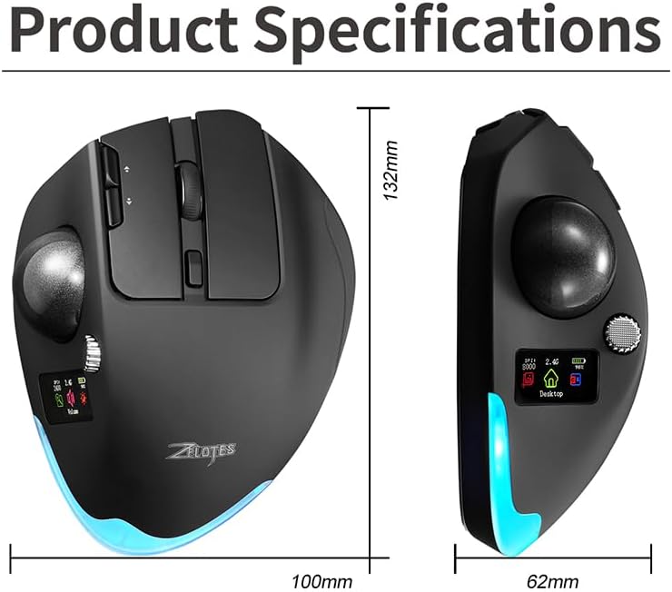 Wireless Mouse – 2.4GHz + Bluetooth Dual Mode Connection, 8 Programmable Buttons, 8000 CPI Adjustable, Trackball Design, with Display Screen, Ergonomic Tilt Angle, For Windows, macOS, Android, Linux