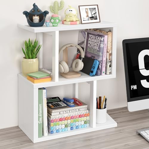 Small Desktop Bookshelf for Top of Desk Shelf - Mini White Table Bookcase 3-Tier Shelves Storage Book Organizer Hutch for Dorm Office College