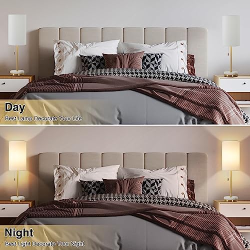 Desk Lamp & Table Lamp Set of 2, Bedside Lamps for Night Stands - Modern Small Table Lamps with Marble Base, Fabric Shade, Mini Pull Chain Bedroom Lamps for Living Room, Office, Reading (Gold)
