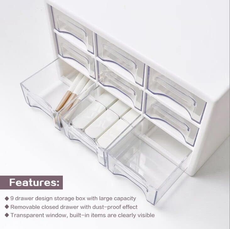 Desk Storage Organizer with 9 Drawers, MYKASEN Clear Plastic Storage Cabinet, Stackable Desk Storage Box for Makeup Office Craft Hardware Art Supplies, 9.8x6.3x5.9inch(White)