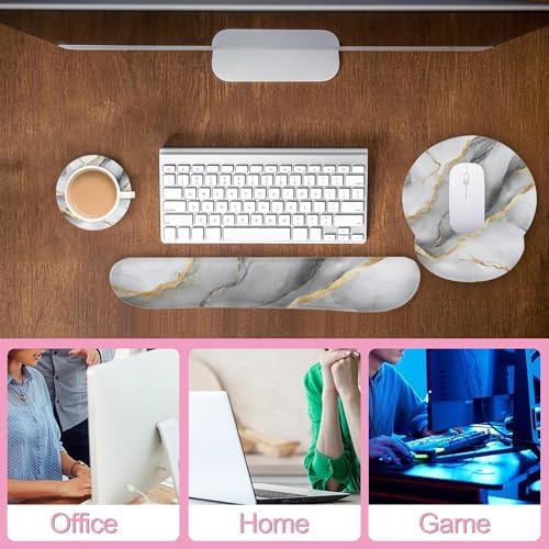 Gray White Gold Marble Keyboard Wrist Rest Pad Mouse Pad Set,Ergonomic Mousepad Wrist Support Memory Foam Desk Pad for Gaming Office,Non-Slip Rubber Base Easy Typing for Home Office Computers