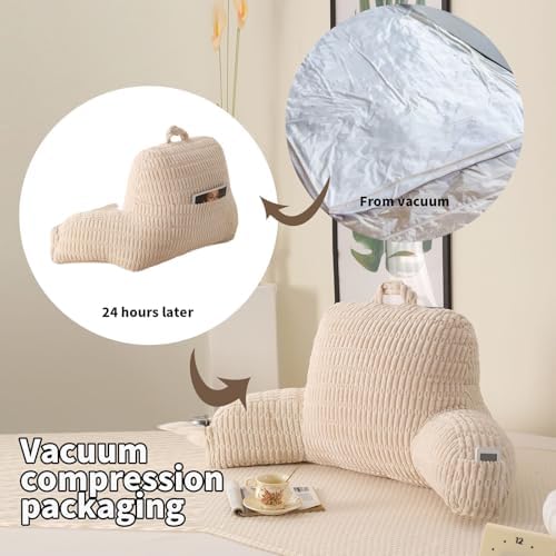 Large Reading Pillow for Sitting Up with Arms,White Corduroy