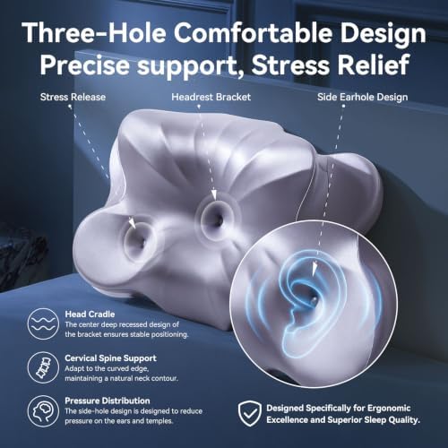 Neck Pillow for Sleeping, Cervical Neck Pillow with 3-Hole Design, Memory Foam Pillow for Side Sleepers, Sleep Pillow for Neck Pain Relief, Gray (1, Gray)