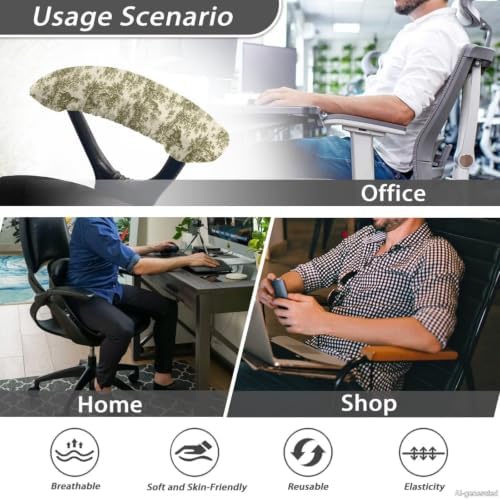 Office Chair Arm Rest Cover Set of 2 Toile de Jouy Printed Soft Stretchy Office Chair Arm Cover for Desk Chairs Anti-Slip Gaming Chairs Armrest Slipcover, Easy to Install & Clean