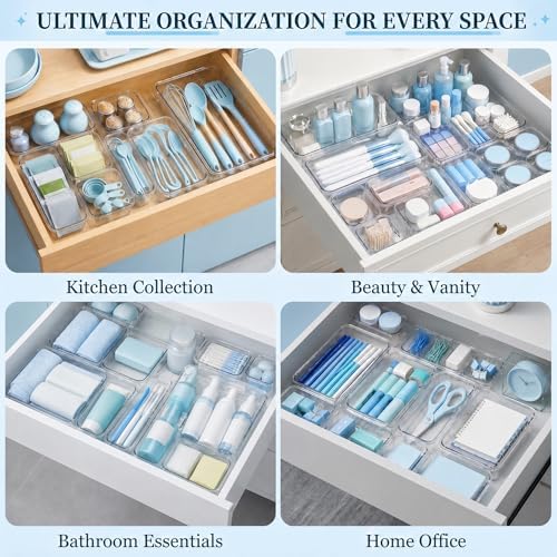 14 Pcs Expandable Clear Drawer Organizers, 3-Size Adjustable Storage Bins