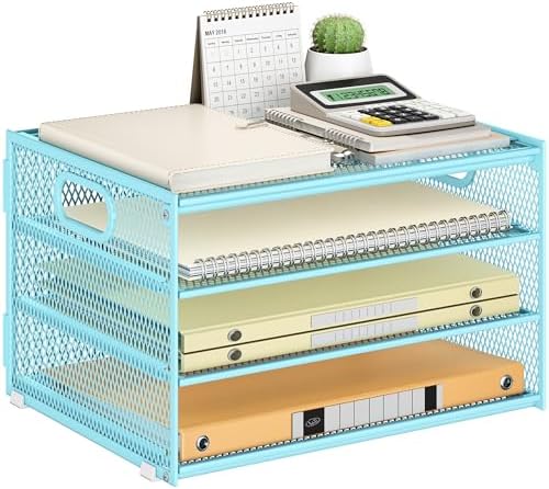 4 Tier Paper Organizer with Handle,Letter Tray Blue Desk Organizer Set