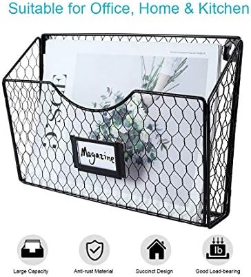 PAG-Mass 6 Pockets Hanging File Holder Wall Mount Mail Organizer Metal Chicken Wire Magazine Rack with Tag Slot, Black