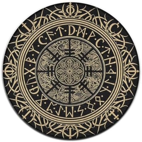 Soft Round Yoga Carpet, Large Home Decor Mat, Non-Slip Machine Washable Kitchen Office Circle Rug Compatible with Cool Norse Viking Vegvisir Runic Compass