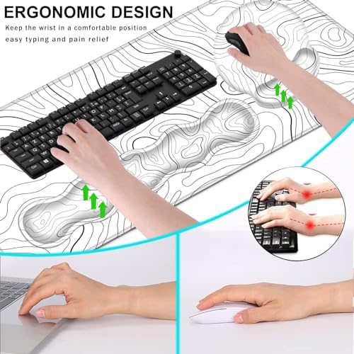 Mouse Pad,Large Pink Desk Mat, 4in1 XXL Mousepad + Keyboard Wrist Rest+Mouse Wrist Rest+Coaster Set with Ergonomic Desk Pad for Home Office Table Computer-Minimalist Topographic Map