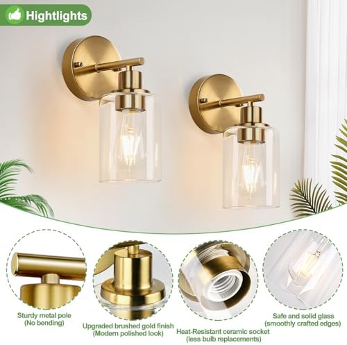 Zarbitta Set of 2 Wall Sconces for Bathroom, Brushed Gold Modern Vanity Lights with Clear Glass Shade,Bathroom Wall Lamp for Mirror Kitchen Living Room Hallway Cabinet Porch