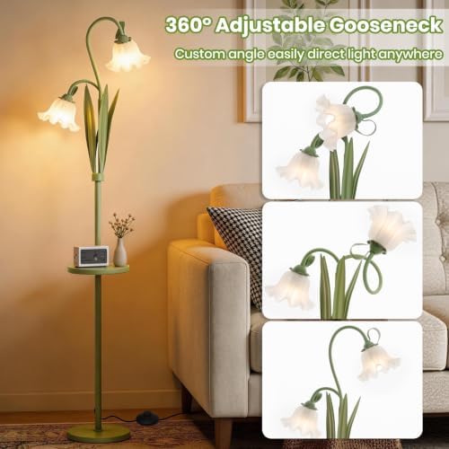 Funky Flower Floor Lamp with Table, Adjustable Gooseneck Floor Lamp with 3 Color Temperature, LED Bright Standing Lamp for Living Room, Bedroom, Corner, for Girl Women（Matcha Green）