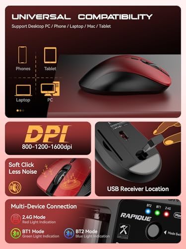 RAPIQUE Bluetooth Wireless Mouse, Dual Bluetooth & 2.4 GHz, Gradient Red