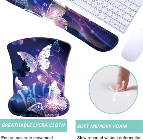 Keyboard Wrist Rest Pad Mouse Pad with Wrist Support Set of 3, Gaming Mousepad with Non-Slip Rubber Base, Ergonomic Memory Foam Mouse Cushion Support for Home Office Laptop Computer, Butterfly