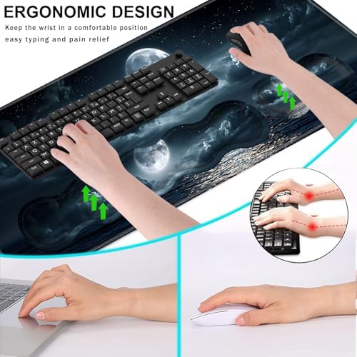 Keyboard Wrist Rest and Mouse Pad with Wrist Support Set Ergonomic Coaster,Memory Foam,Easy Typing Pain Relief,Large XL Desk Mat 31.5"x 11.8",Moon Ocean