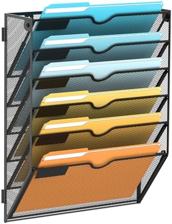 SUPEASY 6 Tier Wall File Organizer, Hanging Wall Mounted Mail Organizer with Label Slots, Metal Mesh File Holder Magazine Rack for Office, Home, School or Classroom, Black