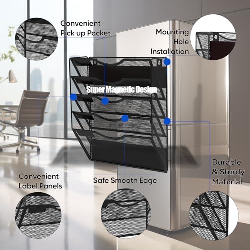 5-Tier Magnetic File Holder, No Drilling Installation File Cabinet Organizer, Black Magnetic File Organizer, Magazine Rack, Magnetic Paper Holder for Refrigerator, File Cabinets, Whiteboard