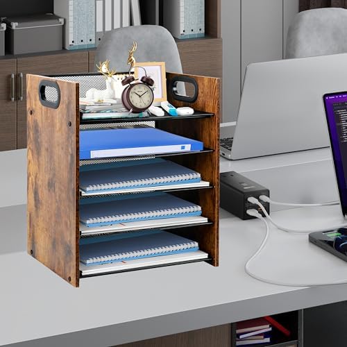 Desk Organizer - 5-Tier Desktop File Organizer, Wooden Paper Tray Organizer, Office Desk Organzier and Accessories for Papers, Mail, Notebooks, Stationery