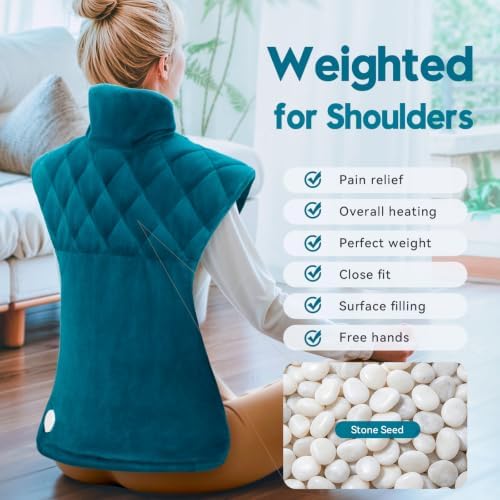 Weighted Heating Pad for Back Neck and Shoulders – Electric Shoulder Heating Wrap with 6 Heat Settings, 4 Auto-Off Timers, Fast Heating, Ultra-Soft Plush, Machine Washable – Gifts for Women and Men