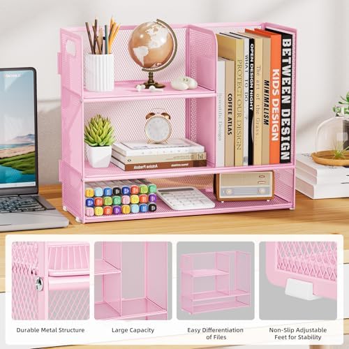 Marbrasse Desk Shelf Organizer with Handle, Bookshelf File Holder, Pink