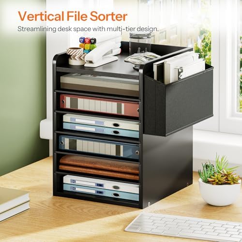 HOOBRO Adjustable Countertop Mail Sorter, 6 Tier Wooden Paper Organizer, Vertical Literature Organizer with Side Storage, Office Mailbox Cubbies, Classroom Mailbox, for Home, Office, Black BB34WF01