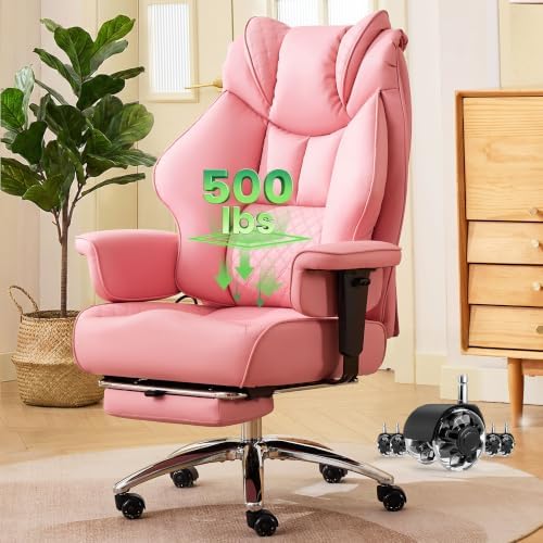 CIOMAN 500lbs Big and Tall Office Chair Adjustable Lumbar Support, Extra Wide Seat Ergonomic Gaming Chair with Footrest, Heavy Duty High Back Executive Leather Computer Desk Chair, Pink