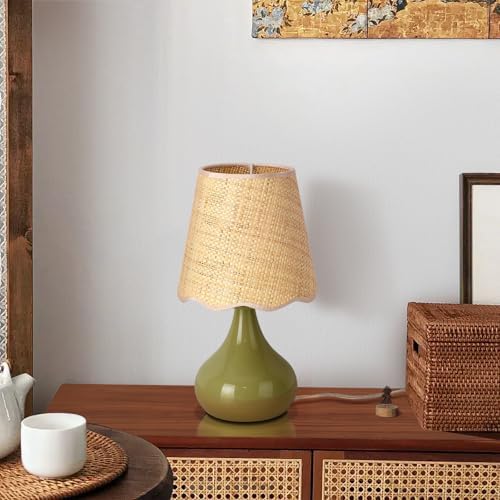 Green Small Touch Control Table Lamp for Bedroom,Green Bedside Lamps for Nightstand,Cute Mini Small Table Lamps for Small Spaces with Scalloped Shade for Kitchen Counter,Bookshelf,Living Room