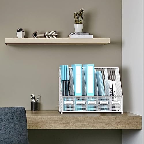 SUPEASY Desk Organizers Metal Desk Magazine File Holder with 5 Vertical Compartments Rack File Organizer for Office Desktop, Classroom, Home Workspace, White Plus